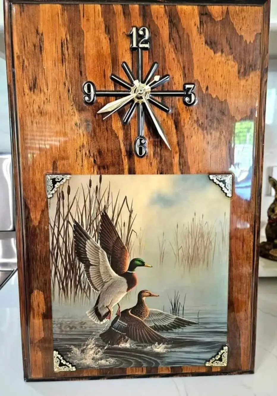 Vintage Mallard Duck Wall Clock with Foil Art Print and Wood Frame